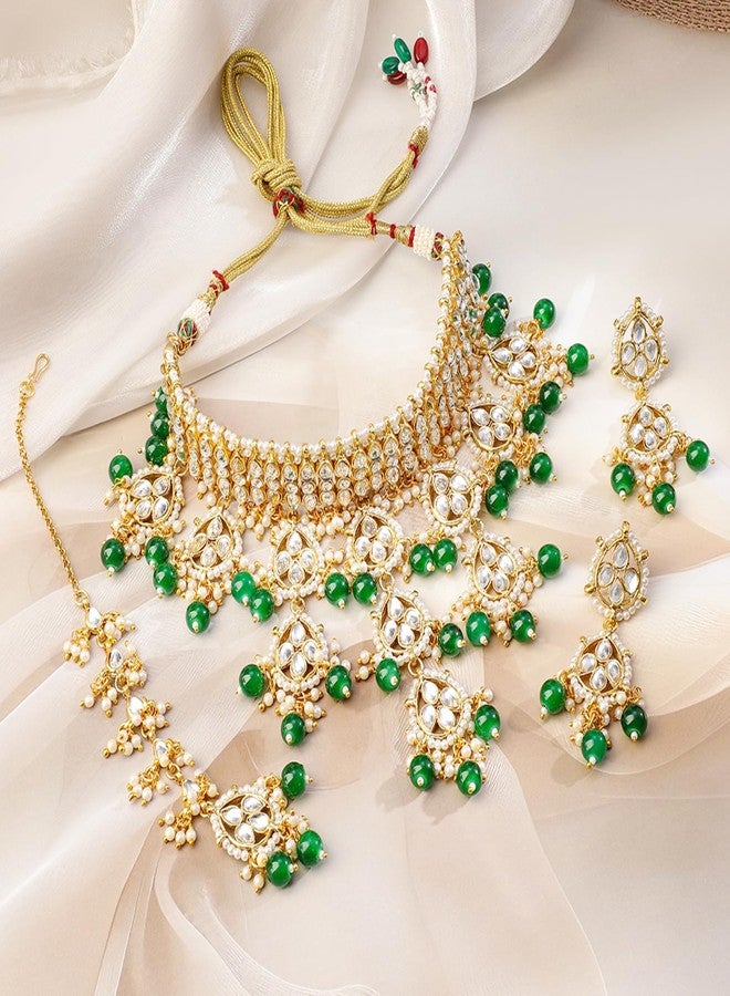 Rubans 22K Gold-Plated White Kundan Studded & Green Pearls Beaded Choker Necklace Set for Women - for Bridal & Festive Looks - Image 4