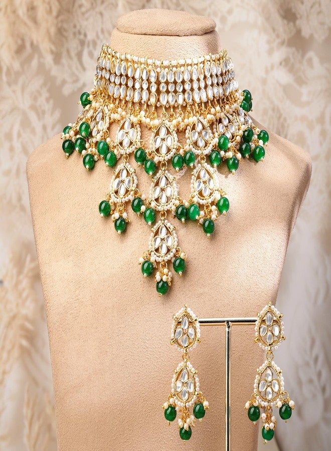 Rubans 22K Gold-Plated White Kundan Studded & Green Pearls Beaded Choker Necklace Set for Women - for Bridal & Festive Looks - Image 3