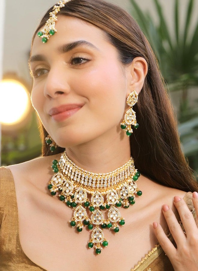 Rubans 22K Gold-Plated White Kundan Studded & Green Pearls Beaded Choker Necklace Set for Women - for Bridal & Festive Looks - Image 2
