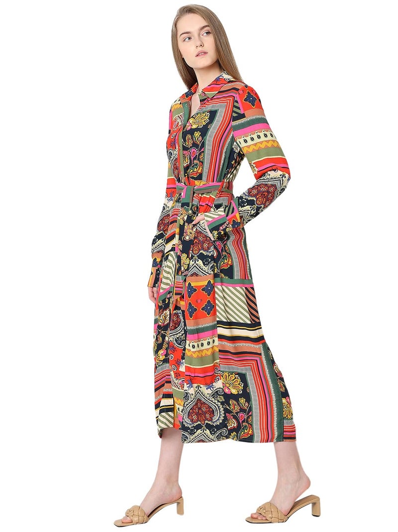 VERO MODA Women Ethnic Motifs Multicolor Viscose Midi Length Fit and Flare Dress - Image 3