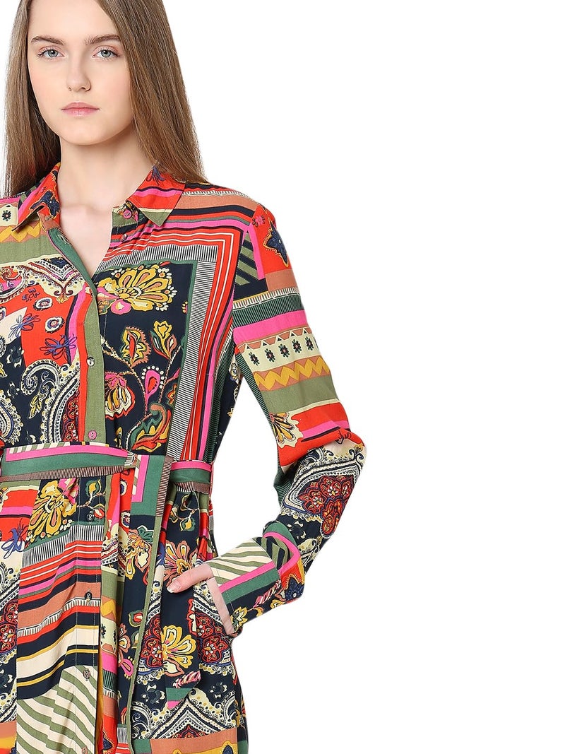 VERO MODA Women Ethnic Motifs Multicolor Viscose Midi Length Fit and Flare Dress - Image 5