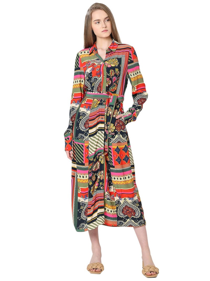 VERO MODA Women Ethnic Motifs Multicolor Viscose Midi Length Fit and Flare Dress - Image 1