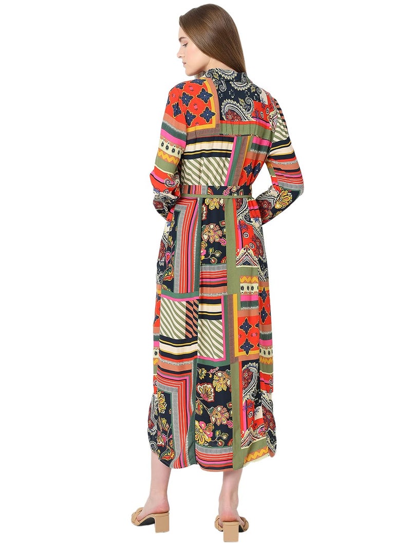 VERO MODA Women Ethnic Motifs Multicolor Viscose Midi Length Fit and Flare Dress - Image 4