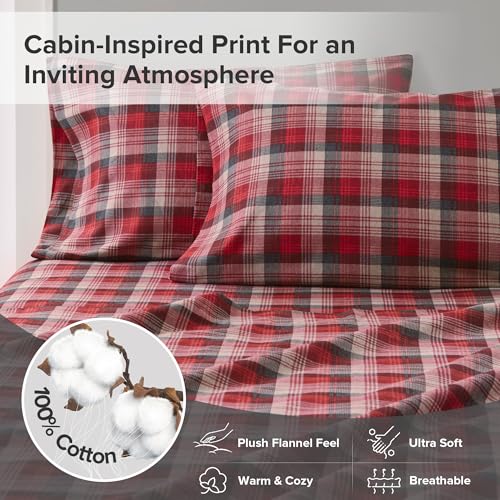 Woolrich John Rich & Bros. Woolrich Cotton Sheet Set Cottage Charms Print, 100% Cotton Flannel Sheets Warm & Fuzzy Bedding Set Queen Size Sheets, Fitted Pocket Fits Up to 14" Mattress, Queen Red Plaid, 4 Piece - Image 3