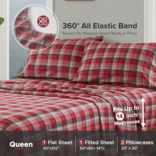 Woolrich John Rich & Bros. Woolrich Cotton Sheet Set Cottage Charms Print, 100% Cotton Flannel Sheets Warm & Fuzzy Bedding Set Queen Size Sheets, Fitted Pocket Fits Up to 14" Mattress, Queen Red Plaid, 4 Piece - Image 5
