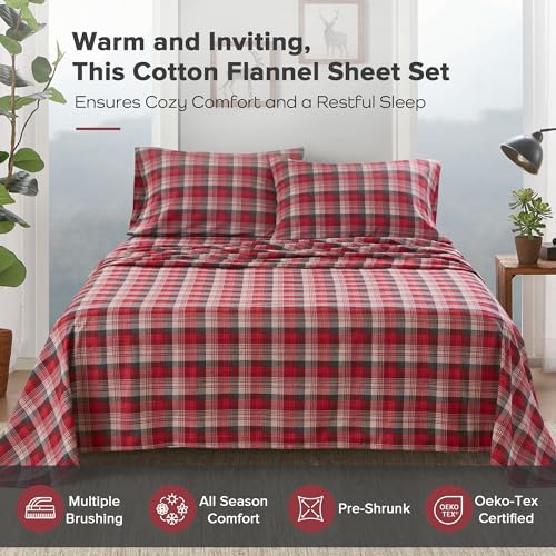 Woolrich John Rich & Bros. Woolrich Cotton Sheet Set Cottage Charms Print, 100% Cotton Flannel Sheets Warm & Fuzzy Bedding Set Queen Size Sheets, Fitted Pocket Fits Up to 14" Mattress, Queen Red Plaid, 4 Piece - Image 2