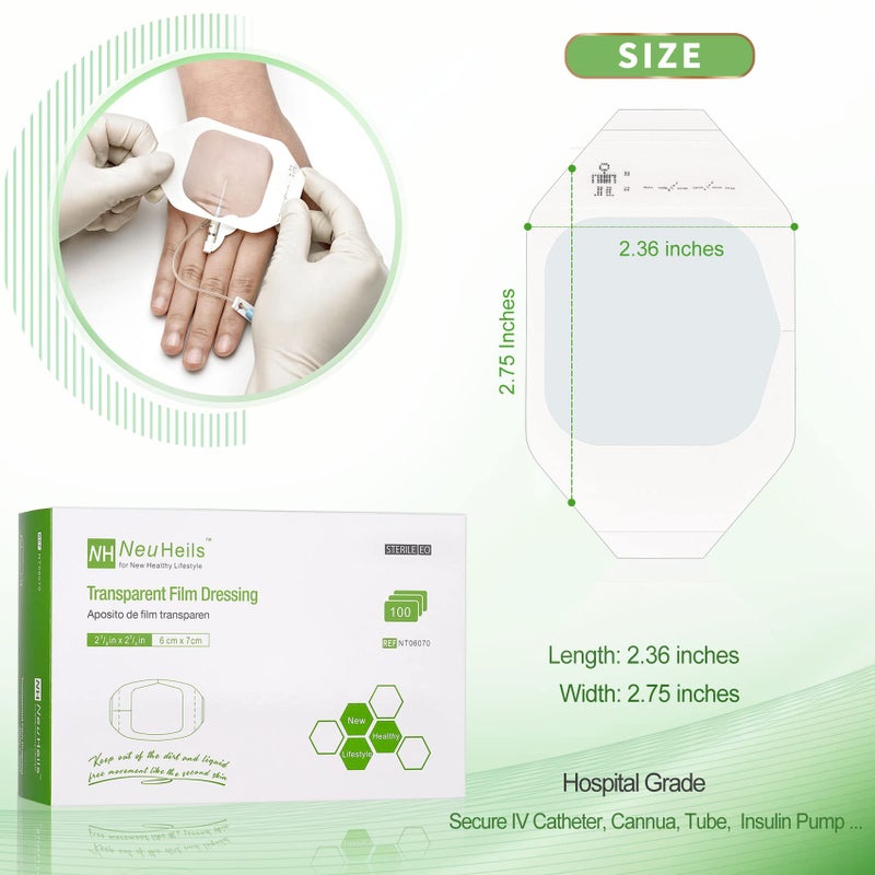 NeuHeils Transparent Film Dressing 2 3/8'' x 2 3/4'', 100 Pack, Waterproof Wound Cover Bandage, Clear IV Catheter Tape, Adhesive Patch, Shower Shield - Image 2
