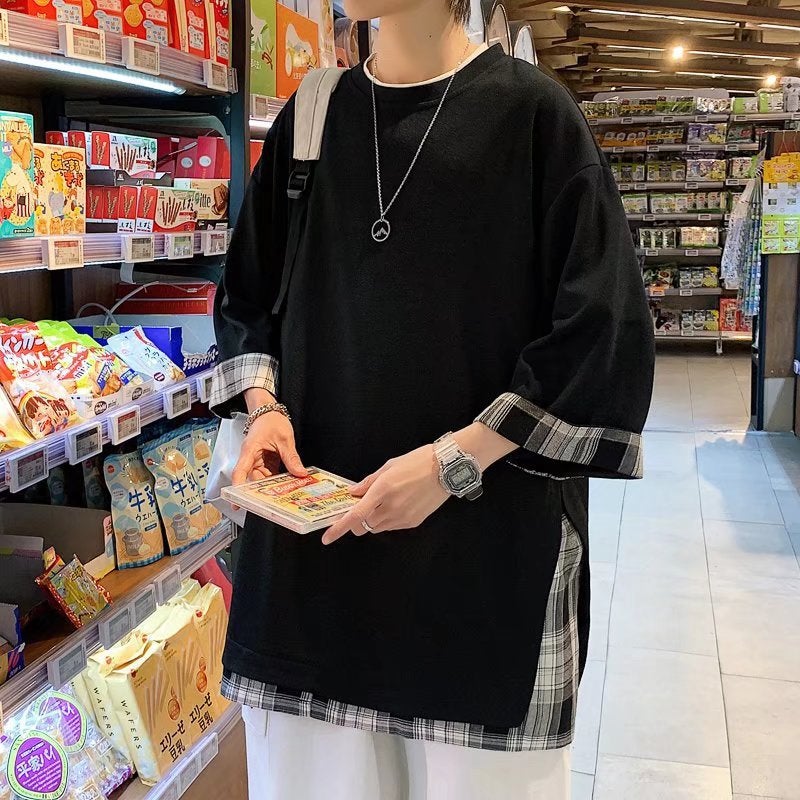 Ins Fashion Brand Plaid Stitching Fake Two-Piece Short-Sleeved T-Shirt Men'S Japanese Style Retro Oversize Design Sense Seven-Sleeve Men'S - Image 2