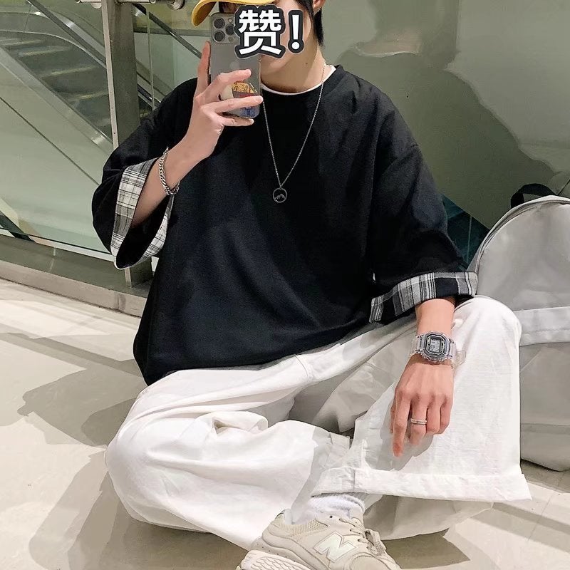Ins Fashion Brand Plaid Stitching Fake Two-Piece Short-Sleeved T-Shirt Men'S Japanese Style Retro Oversize Design Sense Seven-Sleeve Men'S - Image 4