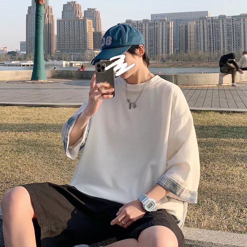 Ins Fashion Brand Plaid Stitching Fake Two-Piece Short-Sleeved T-Shirt Men'S Japanese Style Retro Oversize Design Sense Seven-Sleeve Men'S - Image 5
