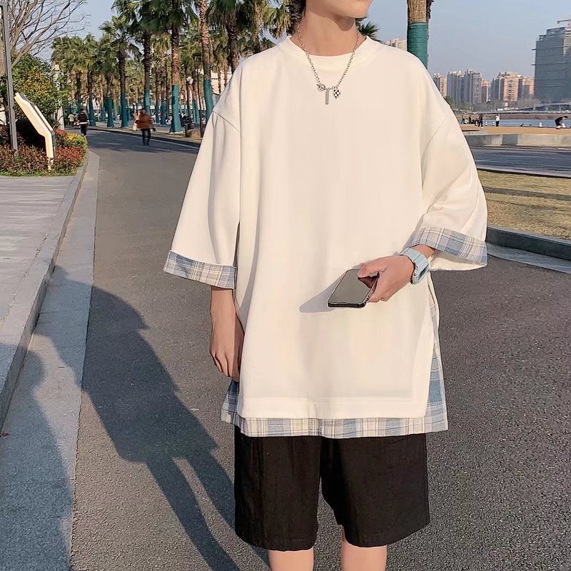 Ins Fashion Brand Plaid Stitching Fake Two-Piece Short-Sleeved T-Shirt Men'S Japanese Style Retro Oversize Design Sense Seven-Sleeve Men'S - Image 1