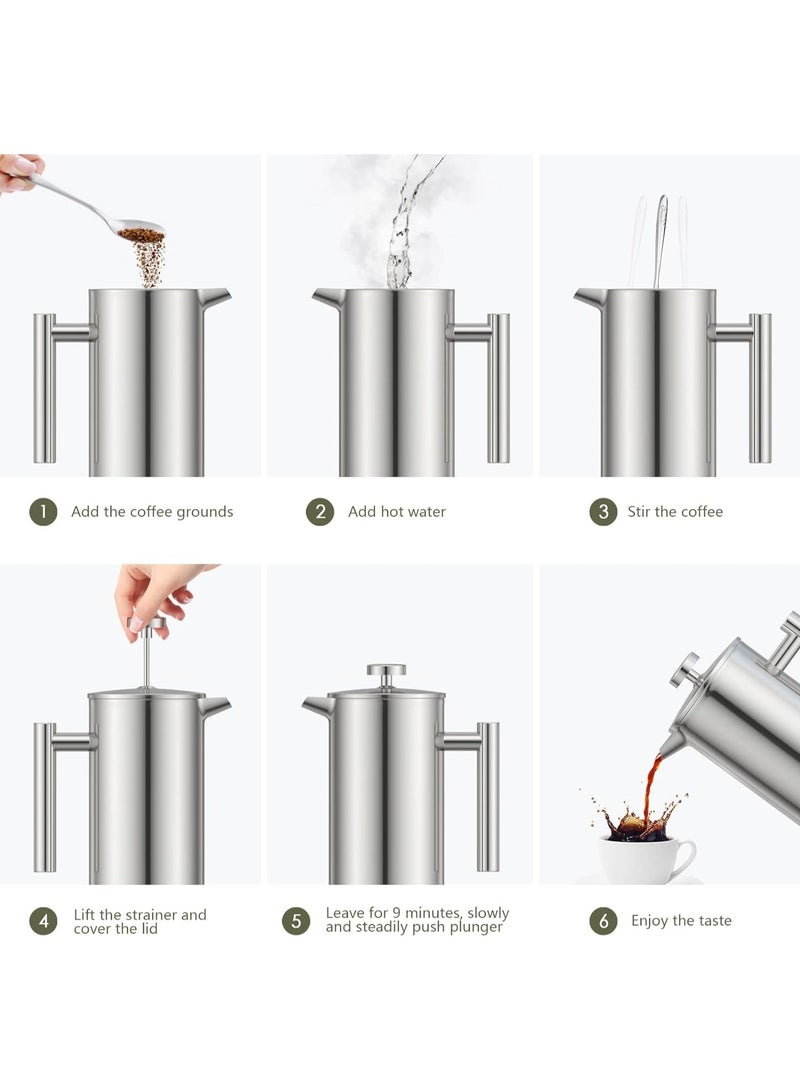 304 Stainless Steel French Press Coffee Maker, 3 Level Filtration System Double Walled Insulated Cafetiere Suitable for home and office, Silver,800ML - Image 4