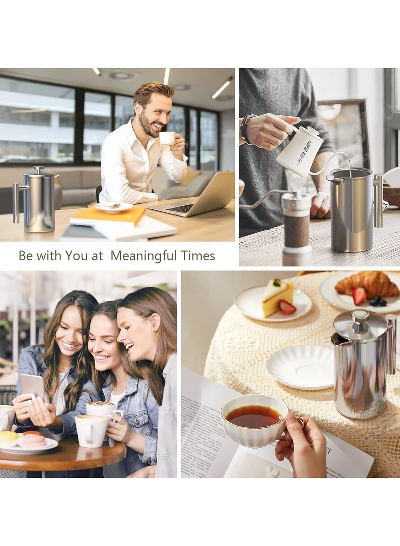 304 Stainless Steel French Press Coffee Maker, 3 Level Filtration System Double Walled Insulated Cafetiere Suitable for home and office, Silver,800ML - Image 5