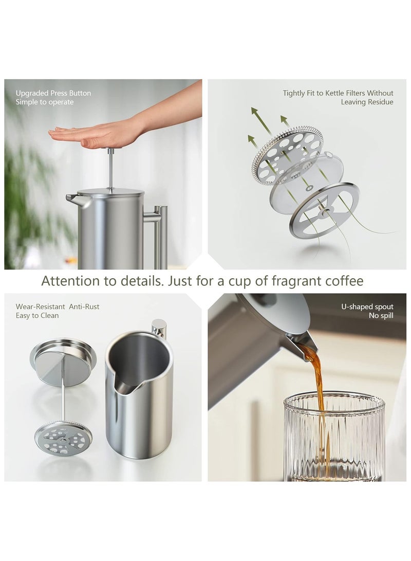 304 Stainless Steel French Press Coffee Maker, 3 Level Filtration System Double Walled Insulated Cafetiere Suitable for home and office, Silver,800ML - Image 3