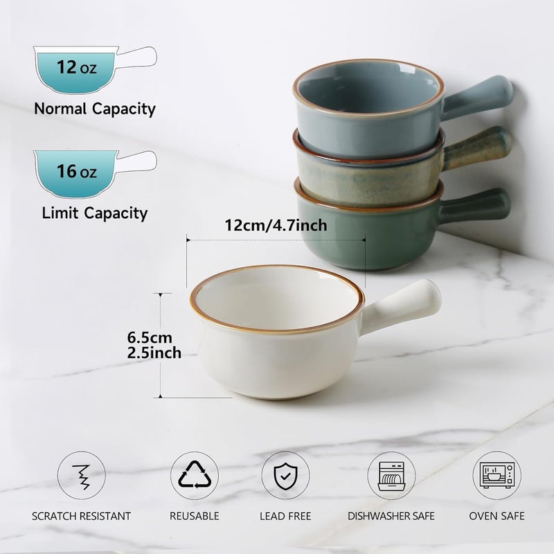 MONITO 16 Oz French Onion Soup Bowls, Ceramic Soup Bowls with Handles, Stackable Soup Crocks Oven Safe for Chili, Beef Stew, Cereal,Casseroles Microwave & Dishwasher Safe, Set of 4 - Image 2