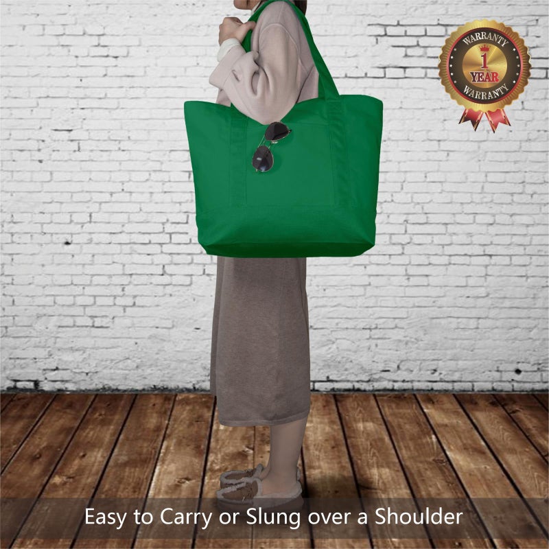 TOPDesign 1-Pack Canvas Tote Bag with an External Pocket, Reusable Grocery Shopping Bag, Top Zipper Closure, Daily Essentials (Green) - Image 2