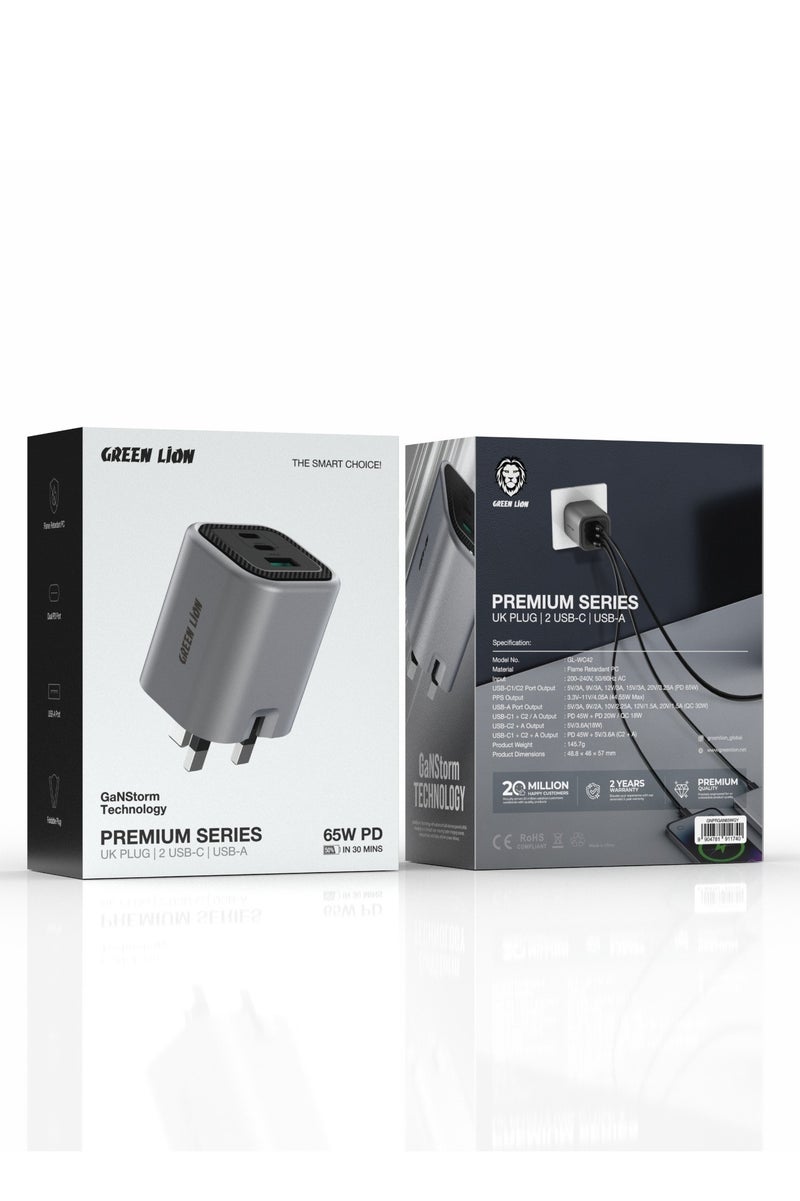 جرين ليون شاحن GaN بمقبس المملكة المتحدة مع منفذي شحن سريع PD 65 وات USB-C وUSB-A / مقاوم للهب للكمبيوتر الشخصي / مناسب لشحن الكمبيوتر المحمول / متوافق عالميًا / شحن سريع - رمادي - Image 3