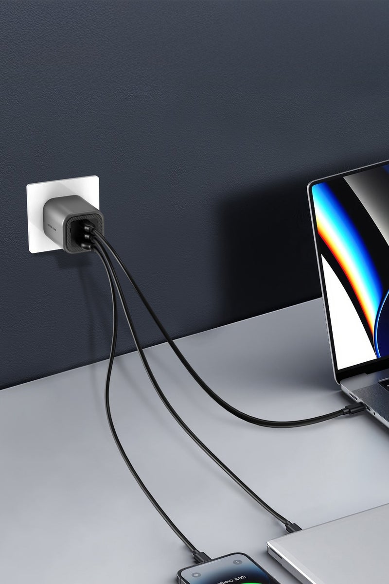 جرين ليون شاحن GaN بمقبس المملكة المتحدة مع منفذي شحن سريع PD 65 وات USB-C وUSB-A / مقاوم للهب للكمبيوتر الشخصي / مناسب لشحن الكمبيوتر المحمول / متوافق عالميًا / شحن سريع - رمادي - Image 2