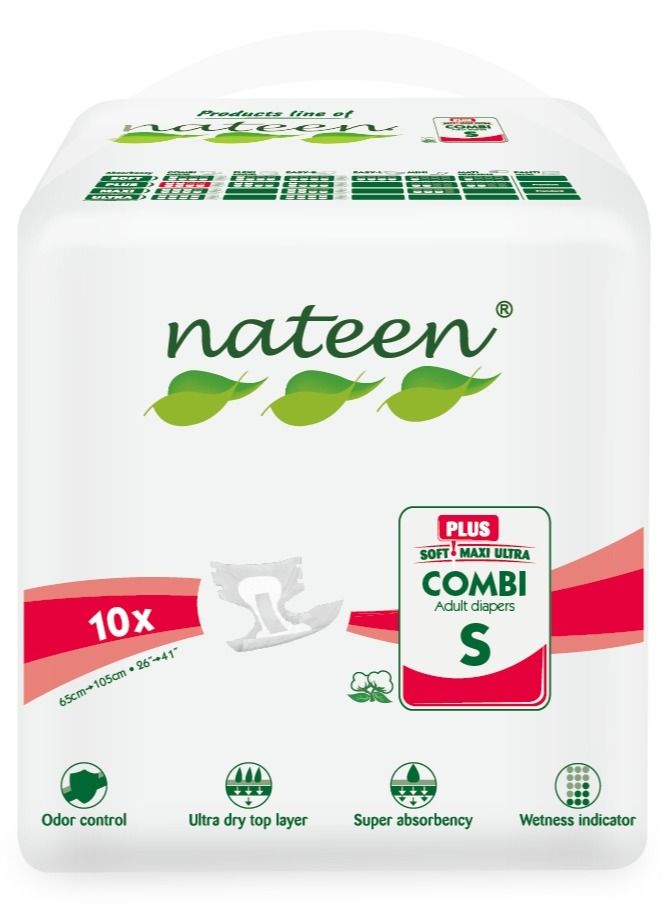 Nateen Combi Plus Incontinence Adult Diaper,Small,Waist Size 65-105cm,10 Count Adult Diapers,with Super Absorbent Layer,Leak Guard,Disposable Underwear for Men&Women-1560ml Absorbency. - Image 1