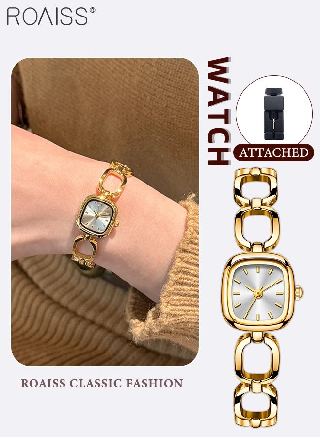 رويس ساعة كوارتز نسائية بسوار ذهبي، شاشة عرض تناظرية، ميناء مربع مع حزام مجوف، ساعة يد فاخرة خفيفة الوزن مقاومة للماء، هدية للنساء - Image 1