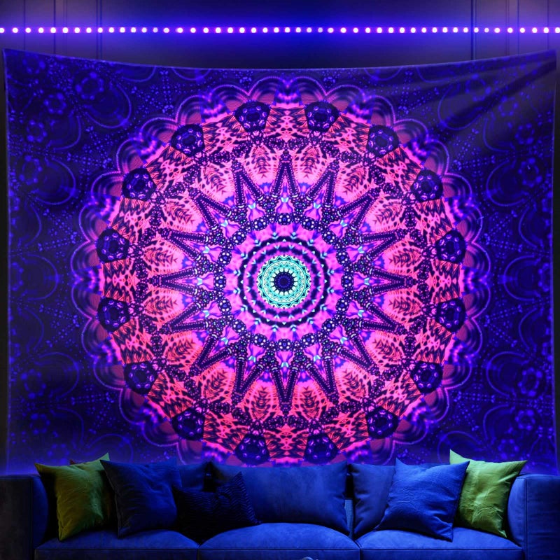 ADDWel Blacklight Mandala Boho Tapestry Glow In The Dark, Black Light Bohemian Hippie Poster Wall Hanging for Bedroom Aesthetic Wall and Room Decor (50" x 60", Mandala) - Image 1