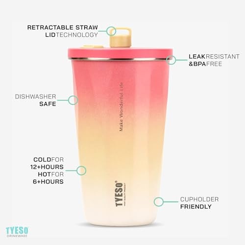Tyeso Travel Coffee Mug Tumbler with Lid and Retractable Straw | Insulated Stainless Steel Cold Brew Iced Coffee Cup Thermos | Gifts for Women Men Him Her | Voyager Collection | 20oz (Silver Gradient) - Image 2