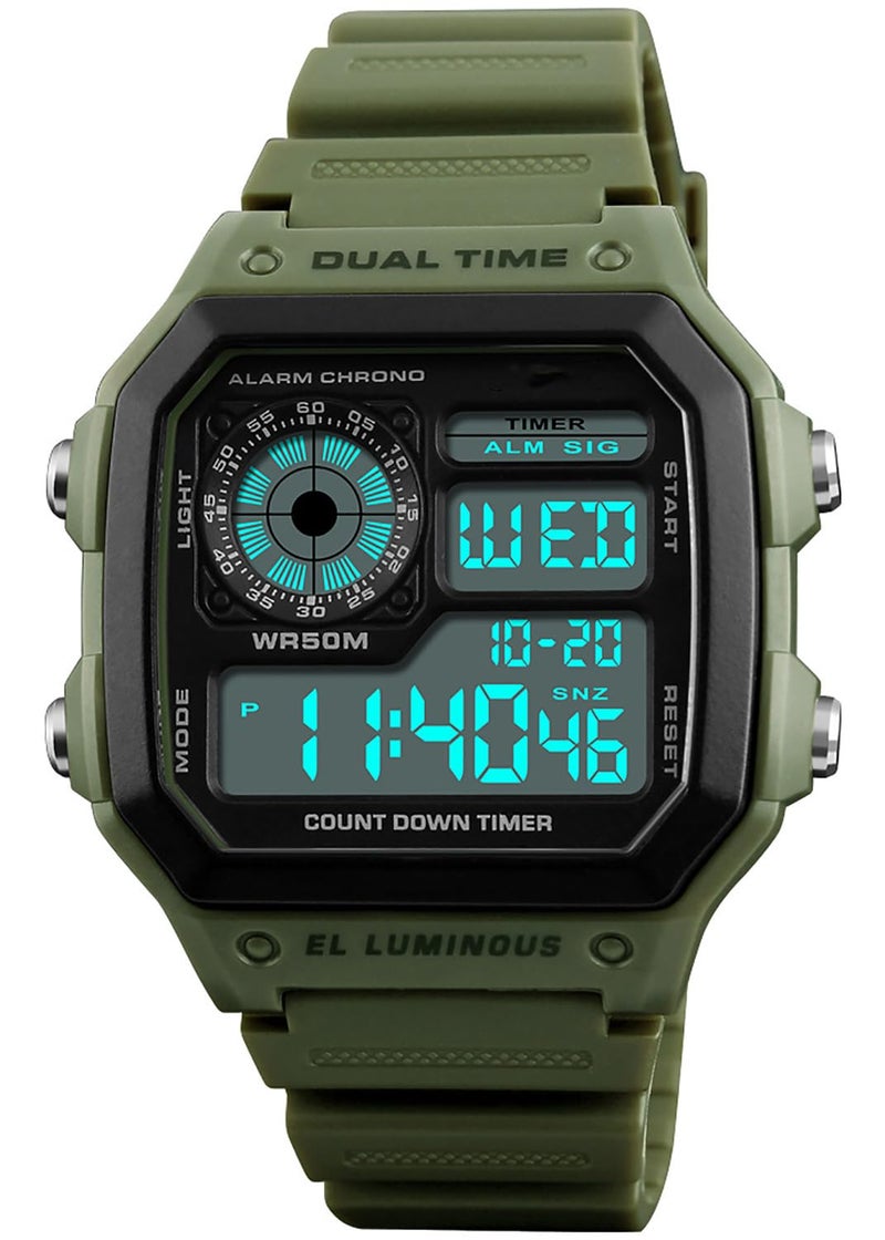 PASOY Mens Womens Sports Watch Rubber Watchband Multi-Function Alarm Stopwatch Countdown Backlight Swim Digital Waterproof Outdoor Green Watch - Image 1