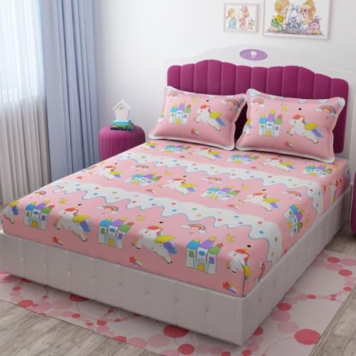 FRESH FROM LOOM شراشف سرير قطن جليسي خالية من التجاعيد وناعمة ومضادة للحساسية | شراشف مزدوجة مطبوعة برسوم كرتونية بحجم كينغ للأطفال مع 2 غطاء وسادة (90x95 بوصة / يونيكورن وردي) - Image 4