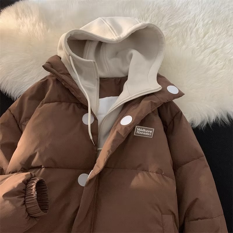 Fake Two-piece Cotton-padded Jacket Mens Winter Thickened ins Korean-style Fashionable Loose Fashionable Brand Couples Hong Kong-style Hooded Cotton-padded Jacket MY10 Brown - Image 1