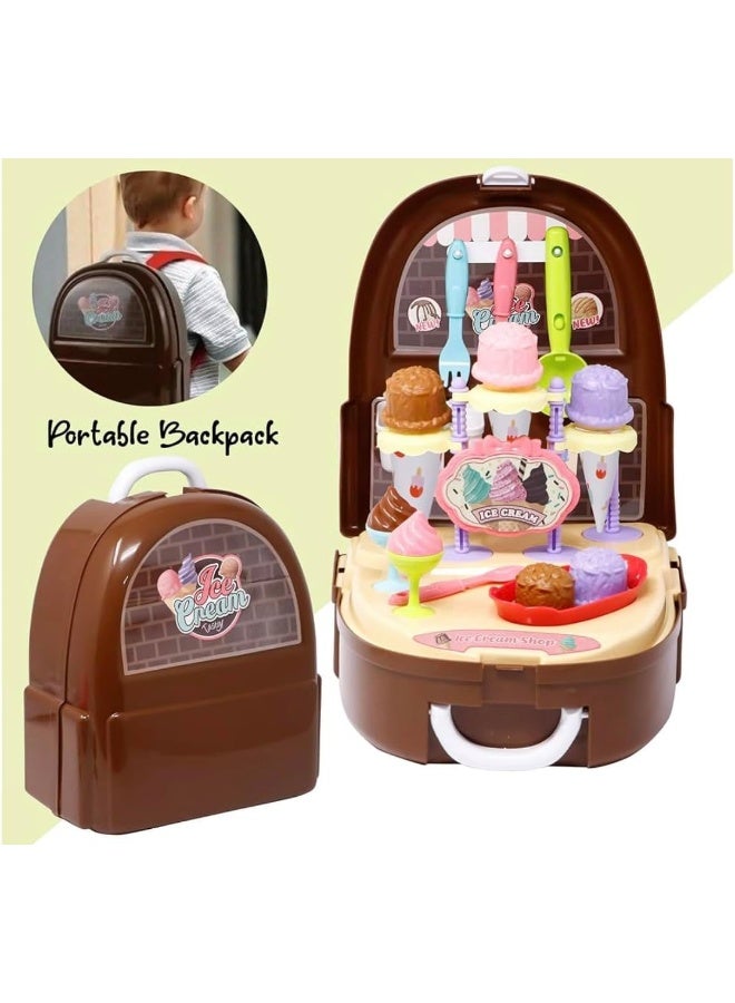 Ice Cream Bag Set 39 Pcs Ice Cream Candy Cart with Portable Backpack | Pretend Play for Kids (Brown) - Image 5