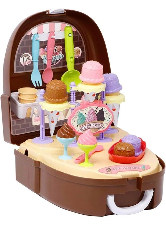 Ice Cream Bag Set 39 Pcs Ice Cream Candy Cart with Portable Backpack | Pretend Play for Kids (Brown) - Image 2