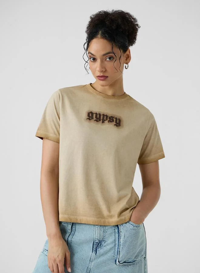 The Souled Store Beige Embroidered Washed T-Shirt
