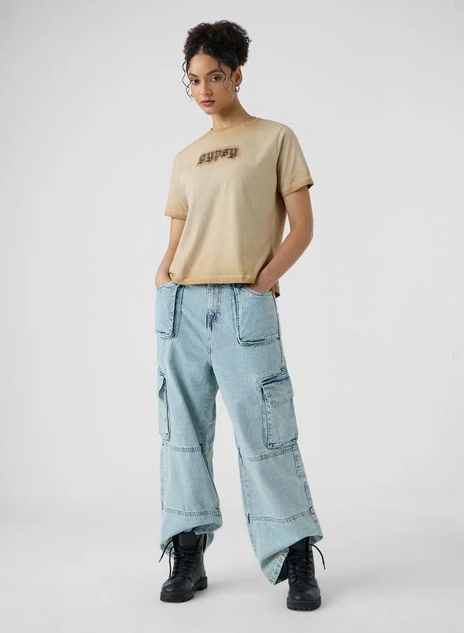 The Souled Store Beige Embroidered Washed T-Shirt