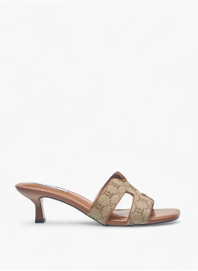 ELLE Womens Monogram Jacquard Texture Slip-On Sandals With Kitten Heels