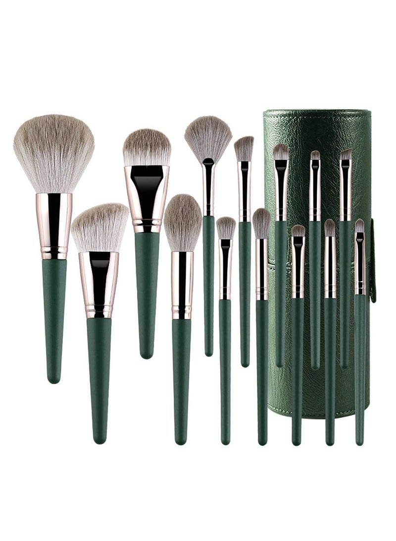 فليلي مجموعة فرش المكياج، فرشاة كريم الأساس، خشب عالي الجودة، شعيرات فائقة النعومة، مقبض أنبوب ألومنيوم سميك، مسحوق مكياج، ظلال العيون، خافي العيوب، مزج الحاجب، مجموعة بكرة خضراء 14 قطعة باللون الأخضر - Image 1
