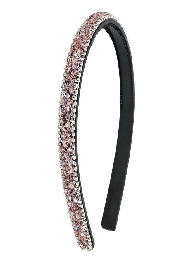 Wecoe Pink Rhinestone Comb Headband With Teeth - Bling Sparkly Beaded Non-Slip Fashion Hair Band - Birthday, Holiday, Homecoming Hair Accessories for Women Girls Gifts - Image 1