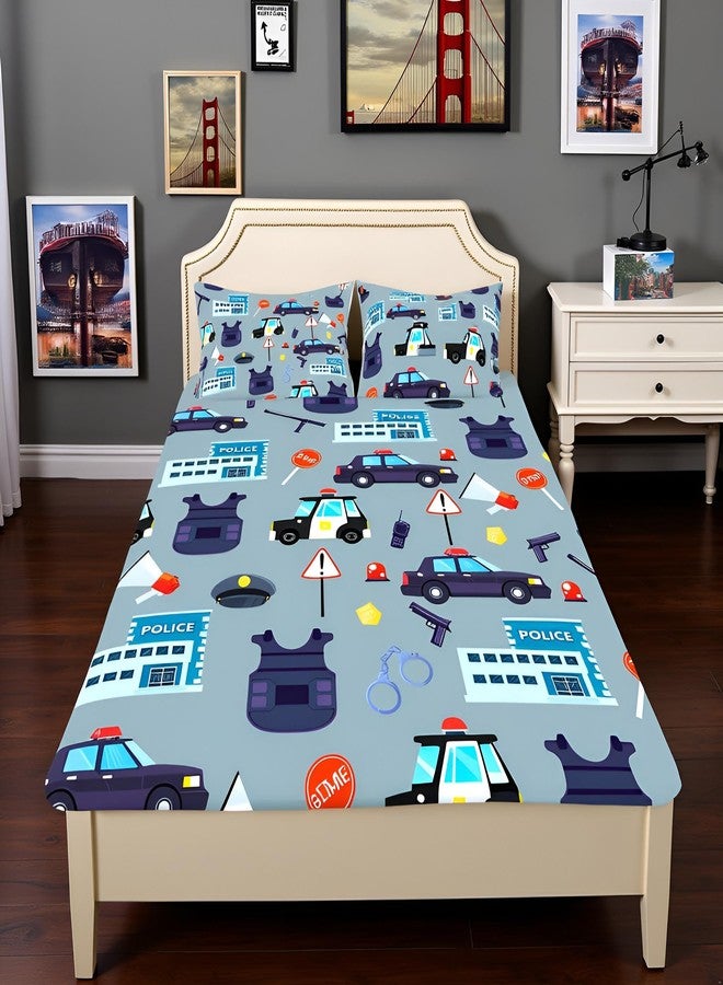 Man Fei Cartoon Police Cars Kid Fitted Sheet Queen Size,American Police Office Policeman Bedding Set,Girls Boys Men Room Decor,Western Police Theme Bed Cover,Blue Fashion Bed Sheet,2 Pillowcases - Image 1