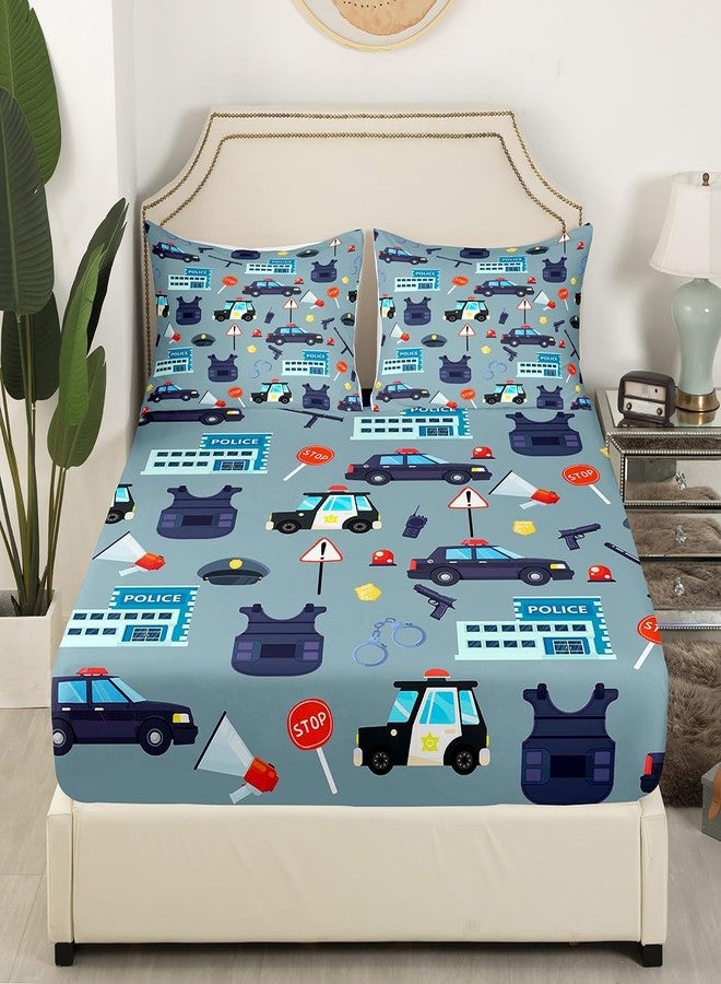 Man Fei Cartoon Police Cars Kid Fitted Sheet Queen Size,American Police Office Policeman Bedding Set,Girls Boys Men Room Decor,Western Police Theme Bed Cover,Blue Fashion Bed Sheet,2 Pillowcases - Image 2