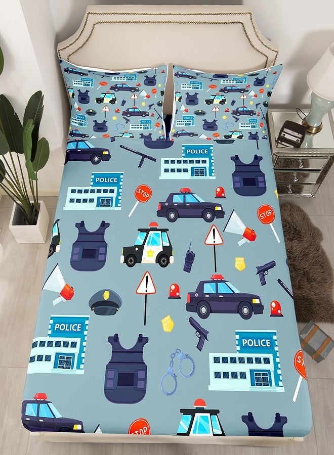 Man Fei Cartoon Police Cars Kid Fitted Sheet Queen Size,American Police Office Policeman Bedding Set,Girls Boys Men Room Decor,Western Police Theme Bed Cover,Blue Fashion Bed Sheet,2 Pillowcases - Image 4