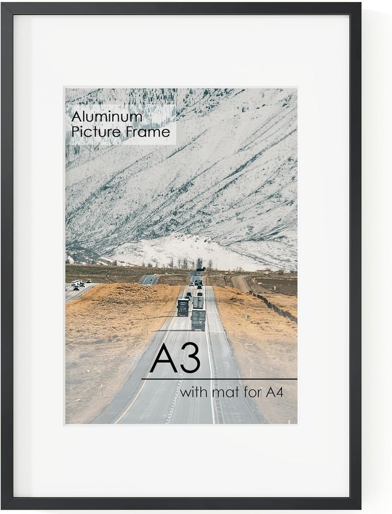 FLYJOE A3 Picture Frame Black - High-End Metal 11.7 x 16.5 Frame for Wall, Poster Frame, A3 Photo Frame with Mat A4, Aluminum Frame and Real Glass, Wall Kit, Black - Image 1
