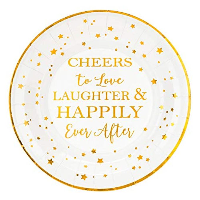 Crisky 50 Counts Cheers to Love Gold Plates for Bridal Shower, Wedding, Engagement, Bachelorett Party Decorations, Dessert, Buffet, Cake Disposable Plates Party Supples, 9" Plate