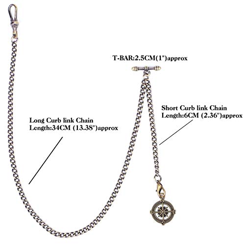 ManChDa Pocket Watch Albert Chain Pocket Watch and Chain, T-bar Chain with Compass Pendant, Curb Link Chain 2 Hook Antique Fob T Bar for Men…, 1. Bronze, 1. Bronze - Image 2