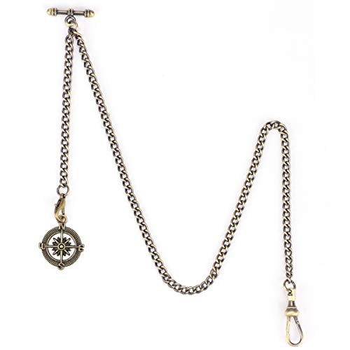 ManChDa Pocket Watch Albert Chain Pocket Watch and Chain, T-bar Chain with Compass Pendant, Curb Link Chain 2 Hook Antique Fob T Bar for Men…, 1. Bronze, 1. Bronze - Image 1