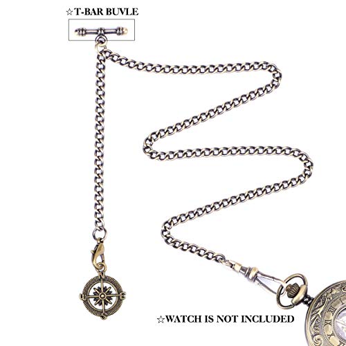 ManChDa Pocket Watch Albert Chain Pocket Watch and Chain, T-bar Chain with Compass Pendant, Curb Link Chain 2 Hook Antique Fob T Bar for Men…, 1. Bronze, 1. Bronze - Image 5