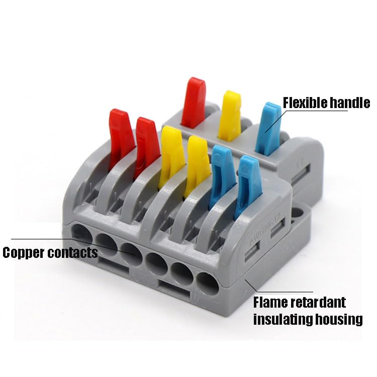 ZIVIK 3 in 6 Out Electrical Wire Connector, 2 Pcs Splicing Wire Terminal Block, Three Head 6 Way 250V Nylon Copper Block Terminal Wire Jointer Cable Conductor Clamp, Push-in Connectors - Image 4