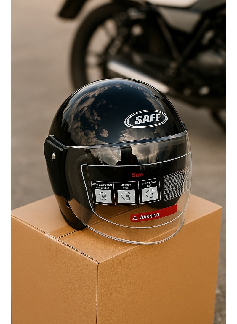 SAFE SAFE Open-Face Motorcycle/Scooter Helmet with Clear Visor – Gloss Black | Lightweight & Comfortablewith Clear Visor (S-XL)  - Image 3