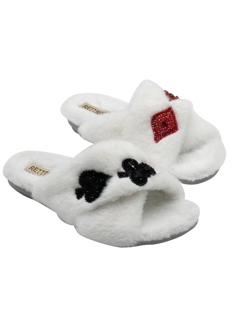 RETTROSE Olivia Cream Luxury Handmade Embellished Women’s Slippers – Faux Fur, Comfortable, Long Lasting, White Colour | RETTROSE  - Image 3