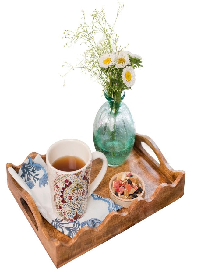 Mela Artisans 16” x 12” x 2.5” Mango Wood Serving Tray with Handles - Ottoman Scalloped White Burnt - Large Handcrafted Wooden Serving Board for Breakfast, Coffee & Home Décor - Image 1