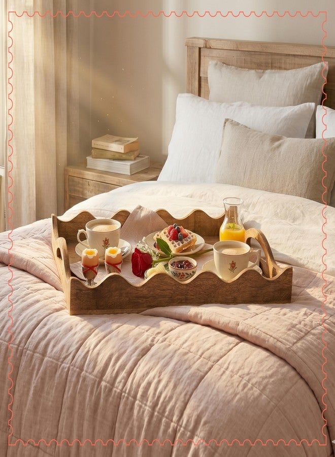 Mela Artisans 16” x 12” x 2.5” Mango Wood Serving Tray with Handles - Ottoman Scalloped White Burnt - Large Handcrafted Wooden Serving Board for Breakfast, Coffee & Home Décor - Image 5