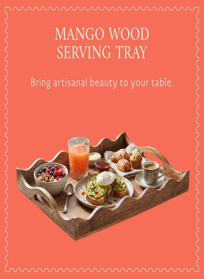 Mela Artisans 16” x 12” x 2.5” Mango Wood Serving Tray with Handles - Ottoman Scalloped White Burnt - Large Handcrafted Wooden Serving Board for Breakfast, Coffee & Home Décor - Image 2